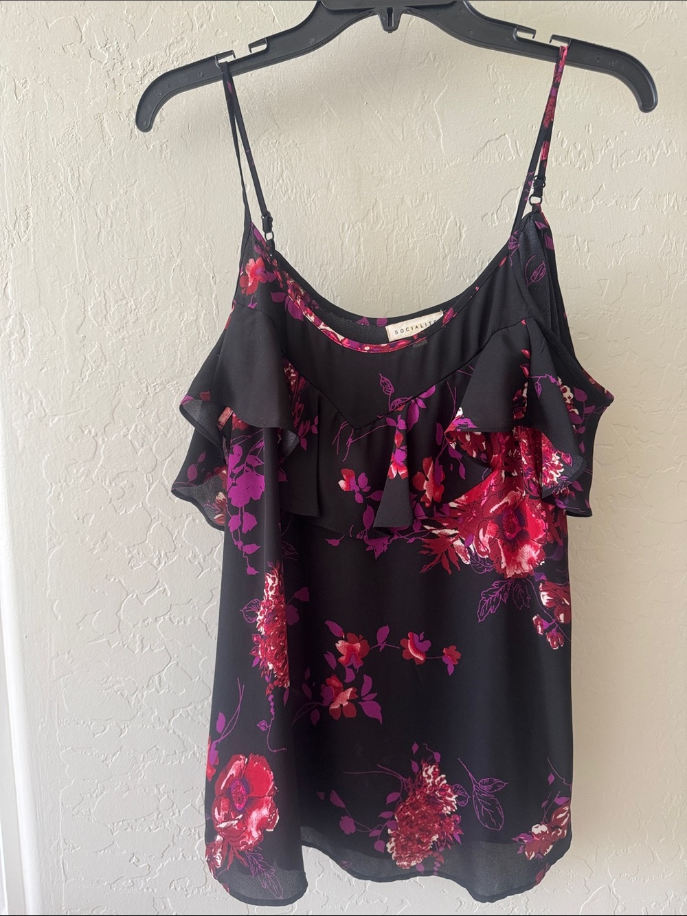 Socialite Black Cami with Pink & Red Floral Ruffle